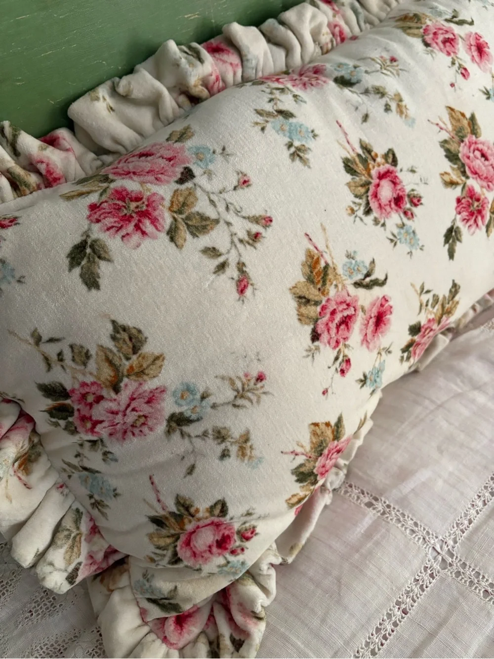 Floral Ruffle Accent Pillow in Cream and Pink